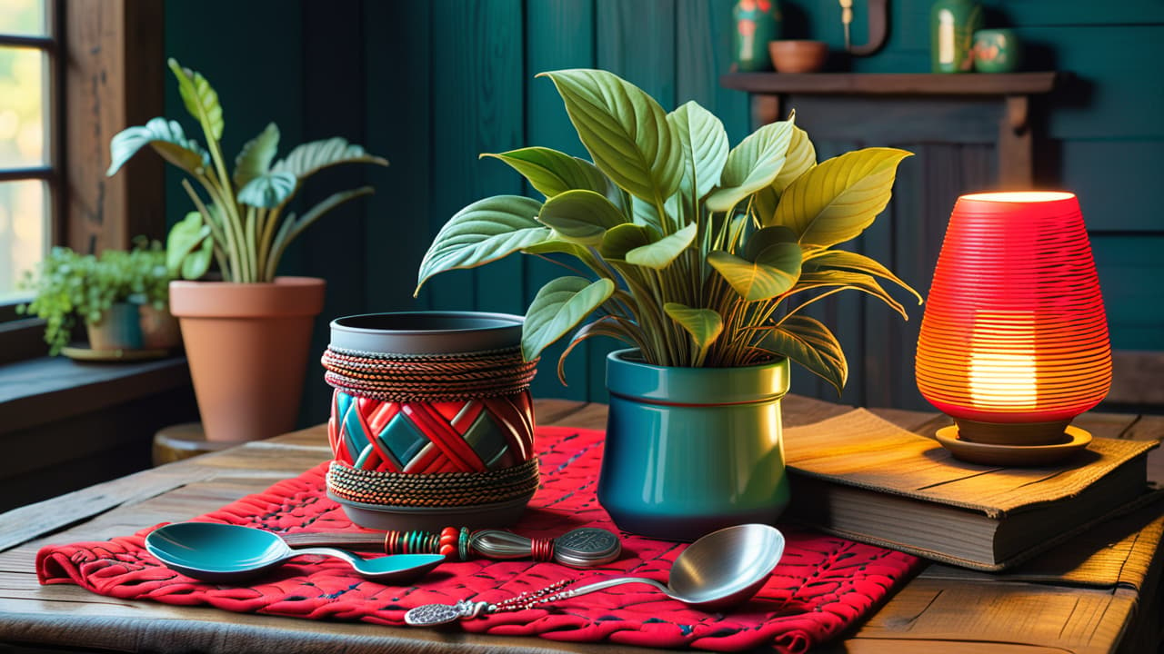  a vibrant display of colorful handmade and upcycled items, including jewelry made from vintage spoons, a plant pot crafted from reclaimed wood, and a bright patchwork quilt, all arranged on a rustic wooden table. hyperrealistic, full body, detailed clothing, highly detailed, cinematic lighting, stunningly beautiful, intricate, sharp focus, f/1. 8, 85mm, (centered image composition), (professionally color graded), ((bright soft diffused light)), volumetric fog, trending on instagram, trending on tumblr, HDR 4K, 8K