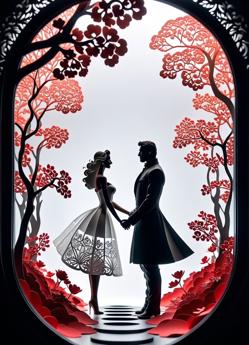  kirigami representation of ((transparent frame in the form of silhouettes of a man and a woman in love, close up 1.5)). ((((inside the transparent silhouette 1, 7))): dawn, white cumulus clouds, crowns of trees in bloom, spring, love, romantic1,5))). (style):romantic fantasy art, advertising, poster, art design, . 3d, paper folding, paper cutting, japanese, intricate, symmetrical, precision, clean lines, hkmagic hyperrealistic, full body, detailed clothing, highly detailed, cinematic lighting, stunningly beautiful, intricate, sharp focus, f/1. 8, 85mm, (centered image composition), (professionally color graded), ((bright soft diffused light)), volumetric fog, trending on instagram, trending on tumblr, HDR 4K, 8K