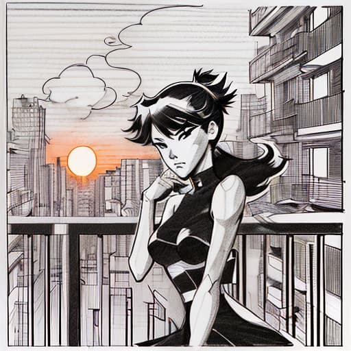  silhouette of the city, girl on the balcony, warm shades, sunset, minimalism, cb, anime style, sketch, manga sketch, pencil drawing, black and white, manga, manga style, low detail, line art, vector art, monochromatic, by katsuhiro otomo and masamune shirow and studio ghilibi and yukito kishiro