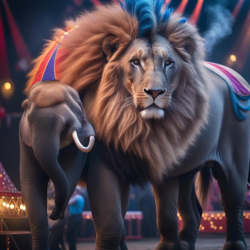  A beautiful circus hyperrealistic, full body, detailed clothing, highly detailed, cinematic lighting, stunningly beautiful, intricate, sharp focus, f/1. 8, 85mm, (centered image composition), (professionally color graded), ((bright soft diffused light)), volumetric fog, trending on instagram, trending on tumblr, HDR 4K, 8K