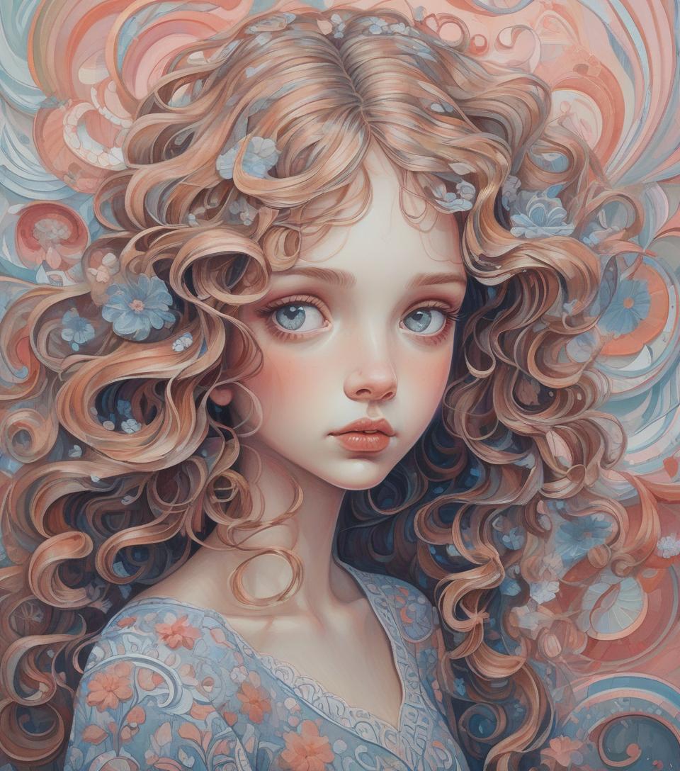  cartoonish, by małgorzata kmiec, round features, oblong face, girl with wavy hair, fantasy, paper, intricate details, artstation, surreal impressionism, feminine, acrylic gouache, trending on deviantart, whimsical, whimsical depiction, on paper