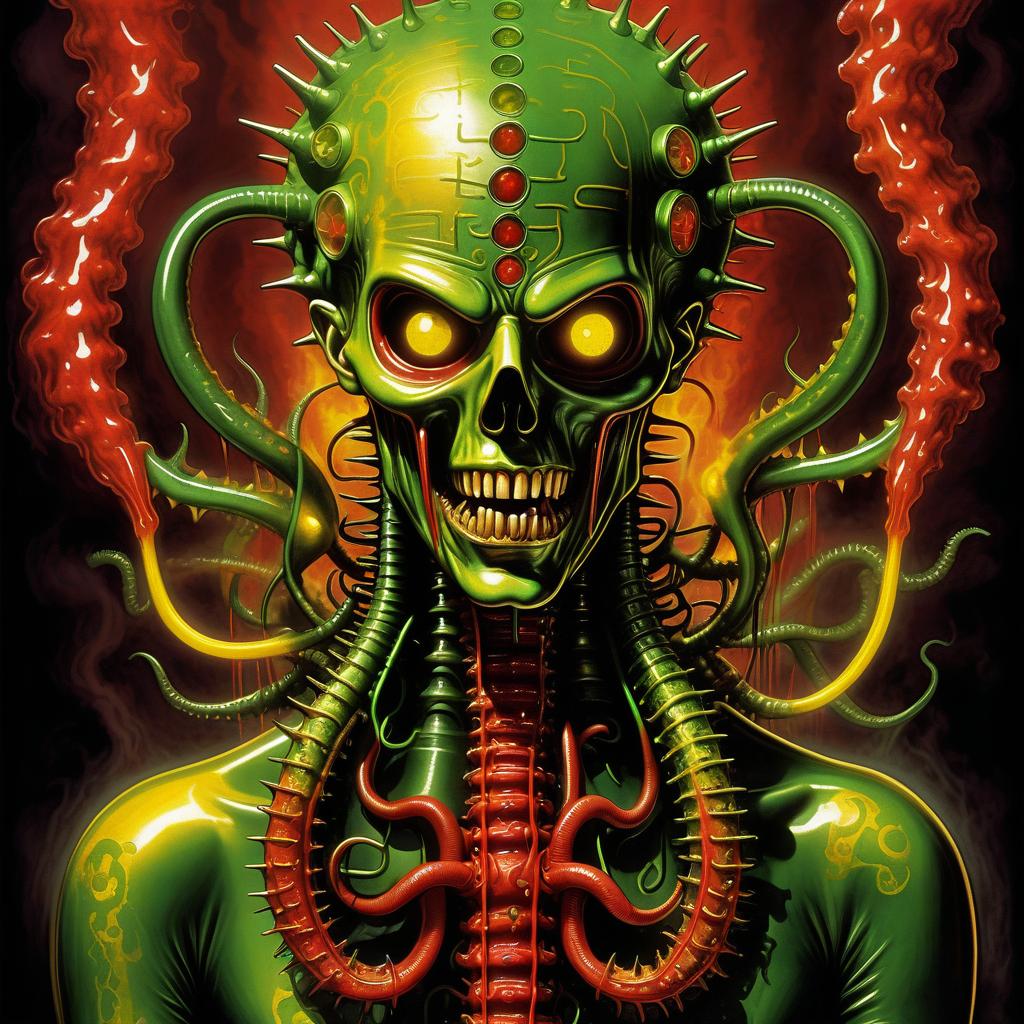  retro game art hellraiser whisperer giger demon looks scary prickly red watch in yellow smoke and green sparks suction cups tentacles eyes lower jaw sting tentacles claws and a terrible moan in red smoke in yellow rings of green steam the wound flows with mucus juice . 16 bit, vibrant colors, pixelated, nostalgic, charming, fun