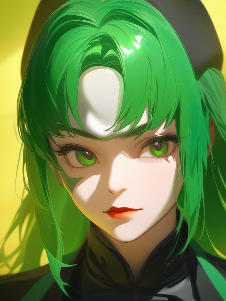  portrait view of a anime women,full white militar uniform hat,half face,joker mask,women face,photorealistic anime style,giger style,pop art tendencies,strong facial expression,(((green hair))),professional illustration,bold colors,chiaroscuro,beautiful shades,intense close ups,bright and glossy surface textures,octane render,zbrush ar 1:1 s 750