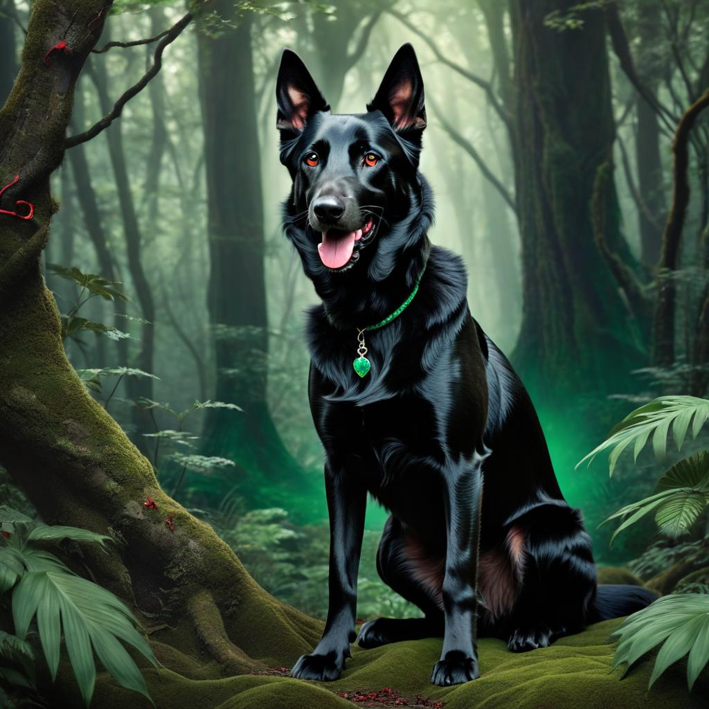  a black hound with blood red eyes and an emerald green snake in a dark fantasy forest photo realistic, highly intricate and detailed, masterpiece, ultra high res,photography,8k resolution