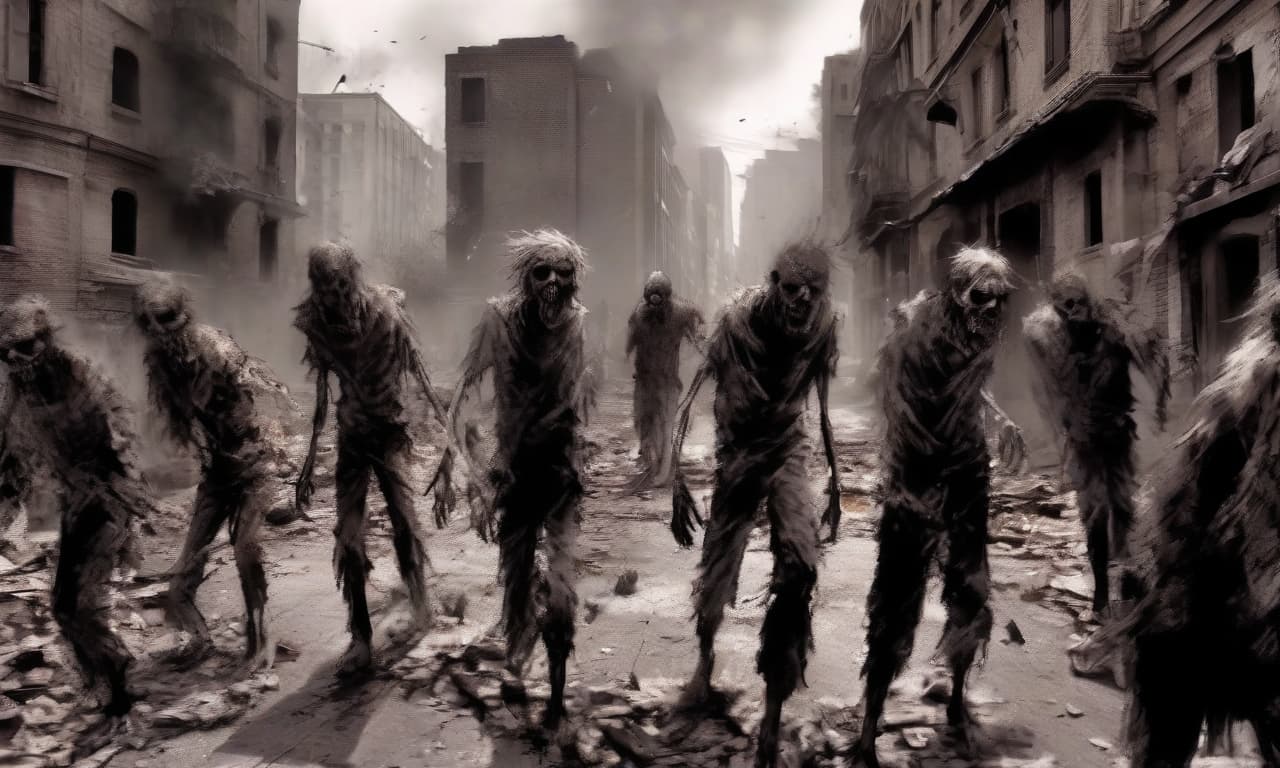  object: a group of zombies wandering down the street, with city ruins in the background. zombies should look threatening and frightened, with clear signs of decomposition and blood on their faces and clothes. description of zombie appearance: eyes blank and white the skin is gray and rotten wounds and blood on faces and clothes shaggy hair and torn clothes additional elements: destroyed cars and furniture on the street empty buildings and destroyed windows in the background small flames or smoke in the distance to add feelings of chaos and destruction location: a street in the city is probably in the center or in a residential area. the background should show destroyed buildings and rubble to highlight the destruction and chaos. effect: