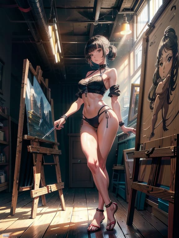  master piece, best quality, ultra detailed, highres, 4k.8k, Young , posing, standing, modeling, drawing attention, confident, BREAK A young posing as a model in a studio., art studio, easel, canvas, paintbrushes, art supplies, BREAK serene, soft lighting, artistic ambiance, tranquil vibes, cyberpunk city
