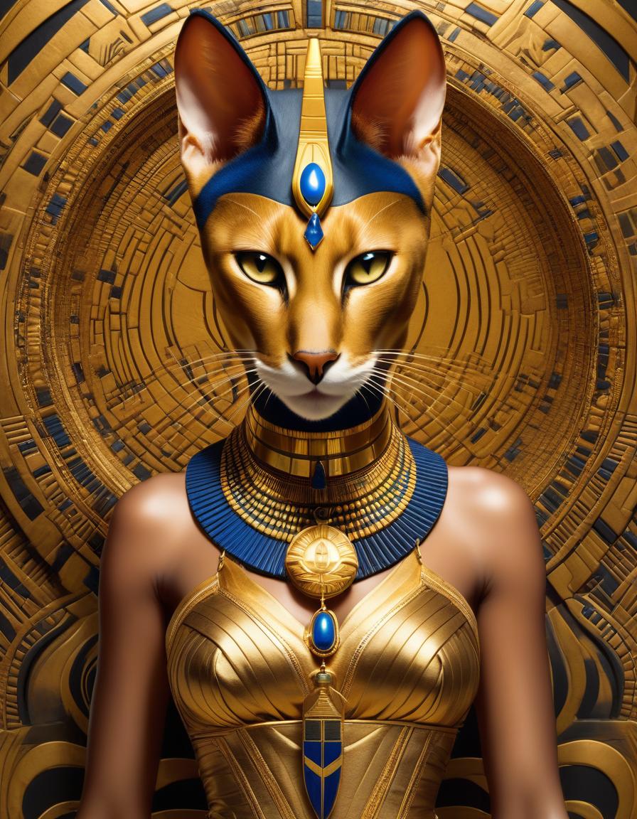  masterpiece, full length portrait of egyptian ((goddess bastet)), the goddess ((cat head and face)) in a gold baleciaga dress, graceful gold shoes. art deco expressions digital artwork based on the combination of art deco art with an expressive cat eye style inspired by afrofuturism. the presence of caravaggesque elements in the composition creates a visually appealing work. innovative artwork, stunning portrait of stunning ((goddess bastet)) with gold jewelry.