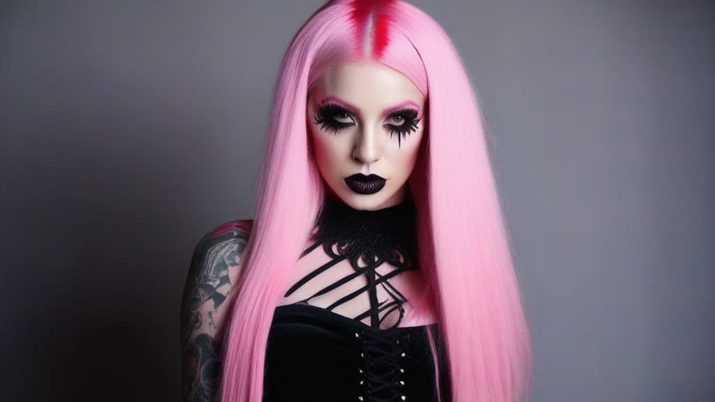  4 age women,full body shot ,full body portrait horrifying scary pale long pink hair ,full white eyes, black lips, black dripping eyeshadow tattoos,in pink cotton with pink trim