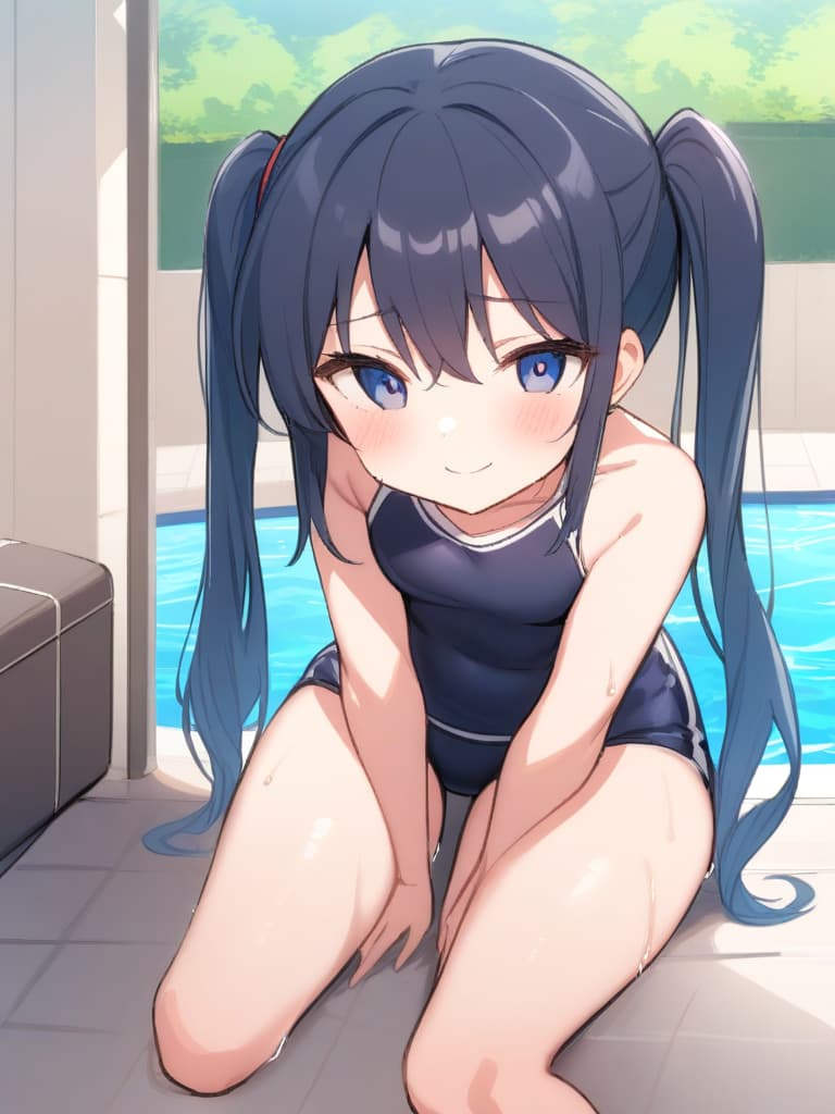  women's elementary students, twin tails, cute smiles, rich s, low stature, dark blue swimwear, old swimwear, swimwear, simple, male, shaped clear penalties, clear shaped philosophy, male (swelling), front, front, front, front the whole body, pool side,