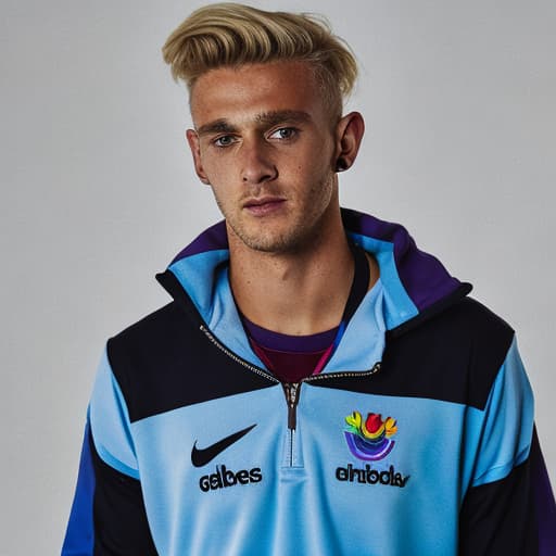 portrait+ style British LGBT queer footballer blonde hunk dude face