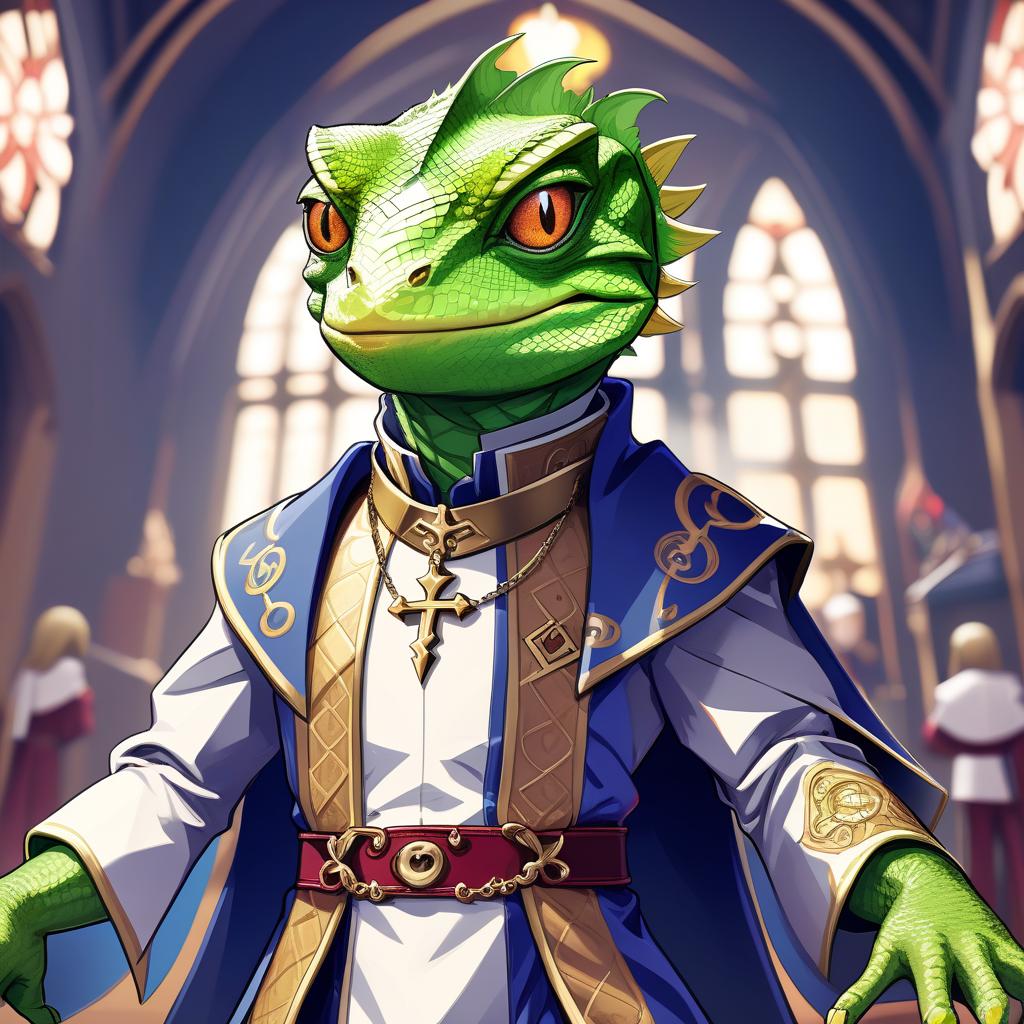  anime artwork a character for a video game. an anthropomorphic lizard in priest's clothing. . anime style, key visual, vibrant, studio anime, highly detailed