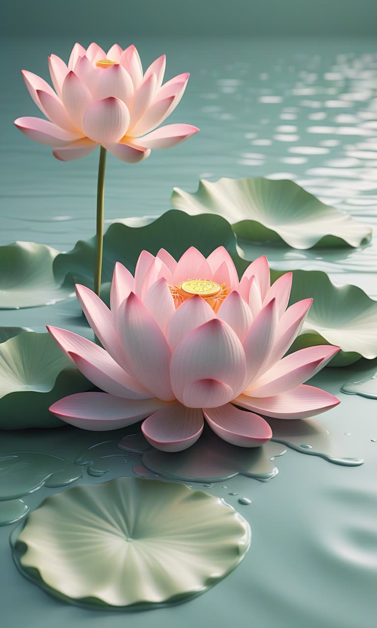  hyperrealistic art illustration of a 3d model of a lotus and elements, highlighted on a soft pastel gradient background, with the effect of calm ripples on water, 8k, high resolution . extremely high resolution details, photographic, realism pushed to extreme, fine texture, incredibly lifelike