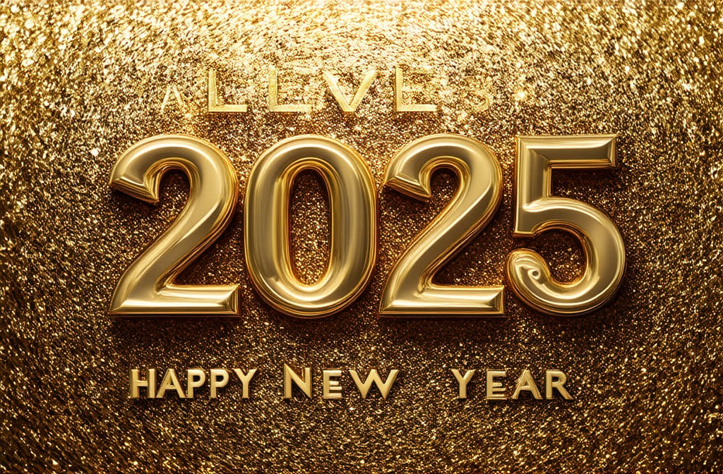  professional detailed photography, happy new year 2025 poster on golden background ar 3:2, (muted colors, dim colors, soothing tones), (vsco:0.3)