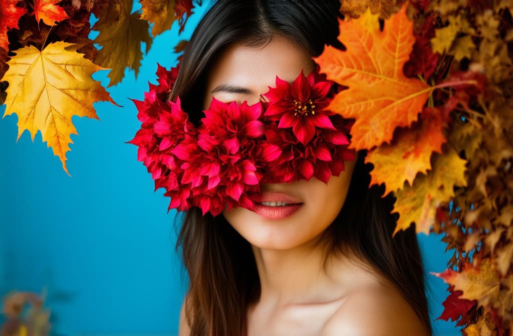  a portrait of a young asian woman in a creative style with a large floral arrangement and autumn leaves ((((covering her face)))), emphasizes bright colors and a surreal atmosphere ar 3:2, (natural skin texture), highly detailed face, depth of field, hyperrealism, soft light, muted colors