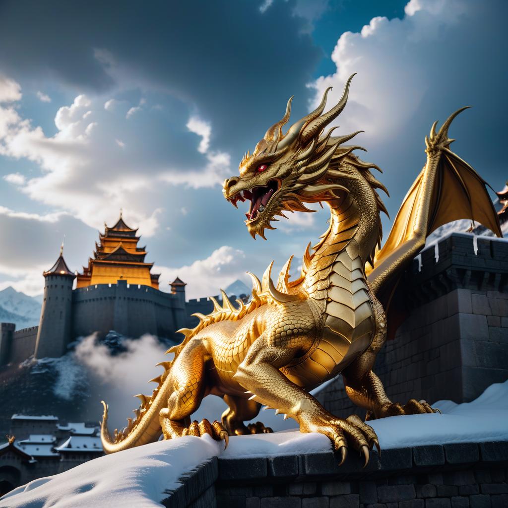  cinematic photo a golden dragon with a beautiful elf on its back descends from the dark sky in snow clouds on the wall of the fortress. . 35mm photograph, film, bokeh, professional, 4k, highly detailed, civitai, hkmagic