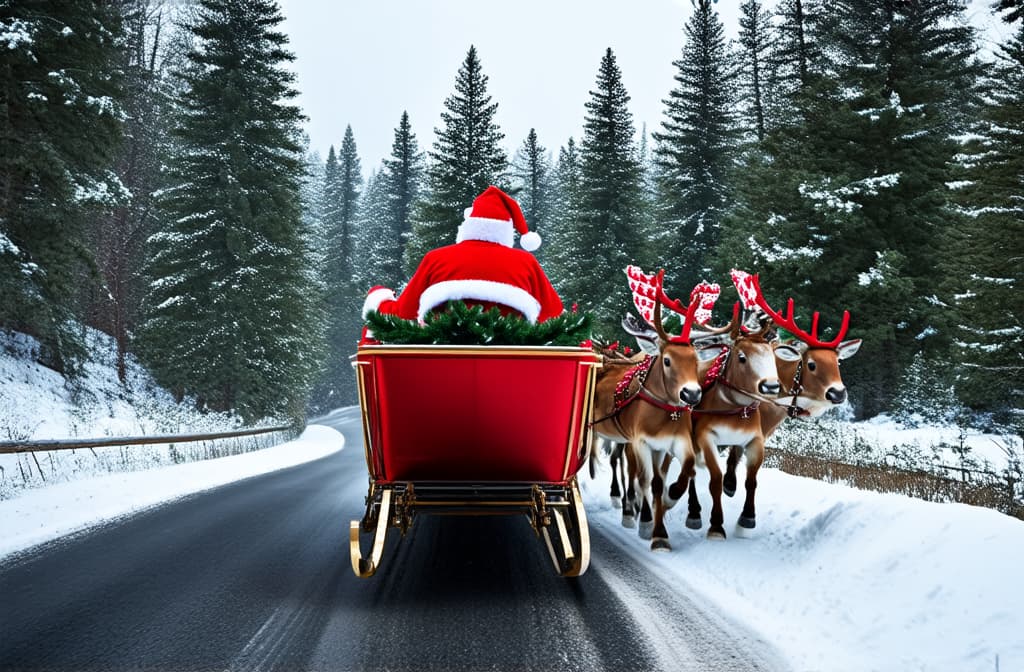  rear view of red sleigh with santa claus and reindeer team riding along road through snowy forest ar 3:2 {prompt}, maximum details