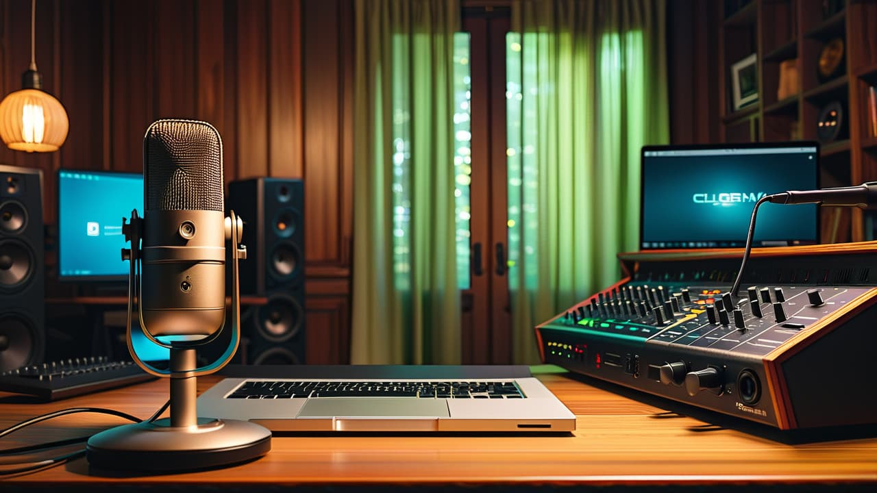  a well organized podcast production set featuring high quality microphones, headphones, soundproofing panels, a mixing console, and a laptop, all arranged on a stylish wooden desk, illuminated by soft, warm lighting. hyperrealistic, full body, detailed clothing, highly detailed, cinematic lighting, stunningly beautiful, intricate, sharp focus, f/1. 8, 85mm, (centered image composition), (professionally color graded), ((bright soft diffused light)), volumetric fog, trending on instagram, trending on tumblr, HDR 4K, 8K