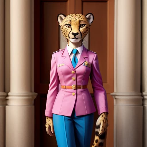  Female Cheetah anthromorph, young, , , tiny , uniform, pink , clroom, full body, open eyes, masterpiece, 4k, fine details,