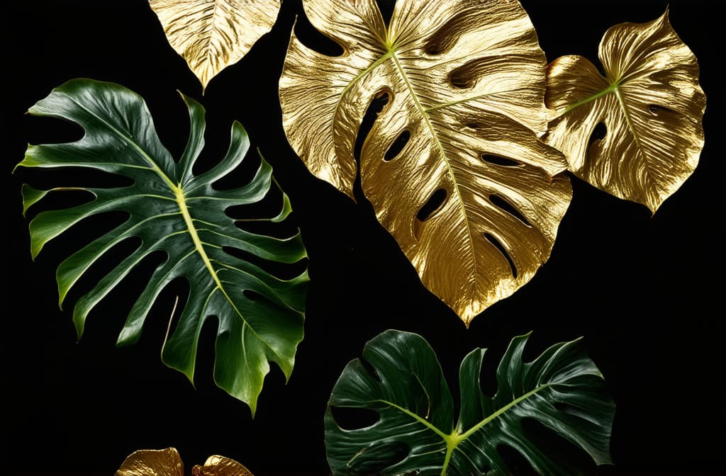  professional detailed photography, monstera leaves in black gold with gold paint smear on dark background. beautiful botanical design with jungle leaves, exotic plants, and golden paint smear. ar 3:2, (muted colors, dim colors, soothing tones), (vsco:0.3)