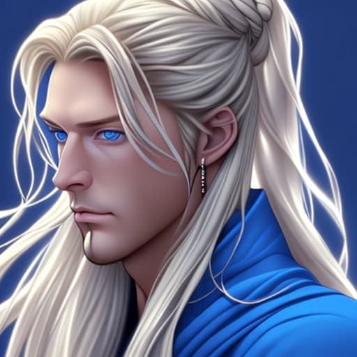  Wizard, handsome, white, tall, long blond hair tied up with blue eyes.