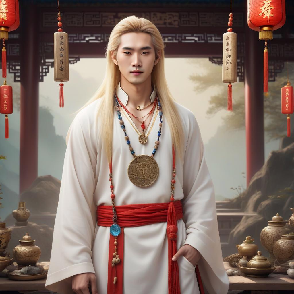  the full face character, a young handsome man, a chinese healer, long blonde hair, traditional blonde clothes, jewelry and amulets around the neck, in full growth.