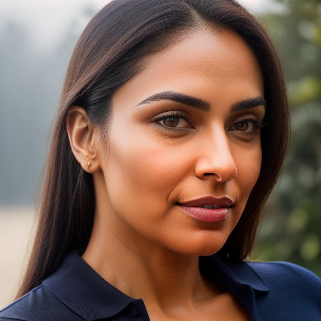  (((realistic full torso frontal head shot of a light brown to medium brown skin tone woman))), meera aishwarya patel, ((indian heritage)), mature face, hazel eye color, ((straight hair style)), ((black hair color)), ((athletic body type)), medium size, big size, (mature broad flat nose), (mature high cheekbones), (mature soft jawline), (mature medium lips), (mature prominent forehead), (mature symmetrical face), (mature arched eyebrows), standing straight looking directly into the camera,((wearing fitted polo shirt with deep v neck and monogrammed pocket)), backyard in background, 1, best quality, highest quality, award winning photo, masterpiece, raw, professional photography, photorealism, sharp focus, cinematic, high hyperrealistic, full body, detailed clothing, highly detailed, cinematic lighting, stunningly beautiful, intricate, sharp focus, f/1. 8, 85mm, (centered image composition), (professionally color graded), ((bright soft diffused light)), volumetric fog, trending on instagram, trending on tumblr, HDR 4K, 8K