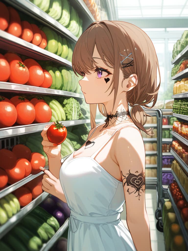  with tomatoes, blond ponytails, white headphones, heart tattoo on their arms, girls wearing white dress dresses, shopping carts, shopping carts, gestures, shopping cart containing eggplant and celery, the upper arm. tattoo, spider web tattoo on the neck, headphones, black tattoos, heart shaped tattoo on arms, white headphones, brighter, black tattoo, heart tattoo on your cheeks., masterpiece, best quality,8k,ultra detailed,high resolution,an extremely delicate and beautiful,hyper detail