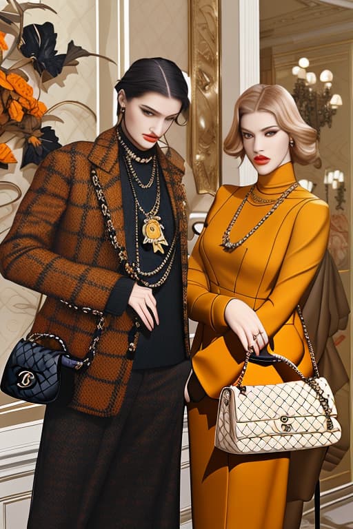  A fall leaves and color scheme aesthetic background with multiple luxury designer bags like Chanel, Hermes, Louis Vuitton, Gucci, and Prada on display