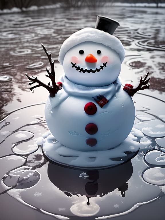  an evil snowman stands in a puddle and melts from the flow of warm air, cute , furry , expressive , by seth casteel , carli davidson , rachael hale mckenna, kaylee greer, sophie gamand