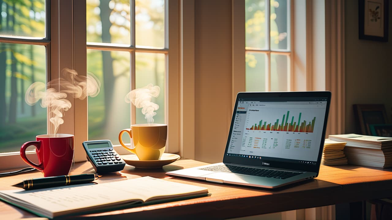  a serene workspace featuring a laptop displaying stock charts, a notepad filled with calculations, a steaming coffee mug, and a small stack of cash, all set against a bright window with natural light streaming in. hyperrealistic, full body, detailed clothing, highly detailed, cinematic lighting, stunningly beautiful, intricate, sharp focus, f/1. 8, 85mm, (centered image composition), (professionally color graded), ((bright soft diffused light)), volumetric fog, trending on instagram, trending on tumblr, HDR 4K, 8K