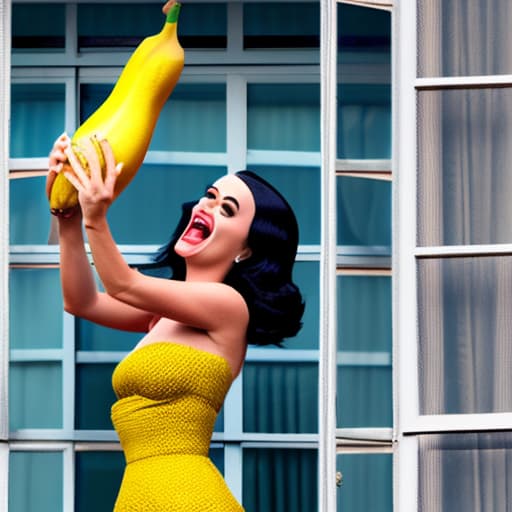 wa-vy style Katy Perry hanging out of a window singing with a banana