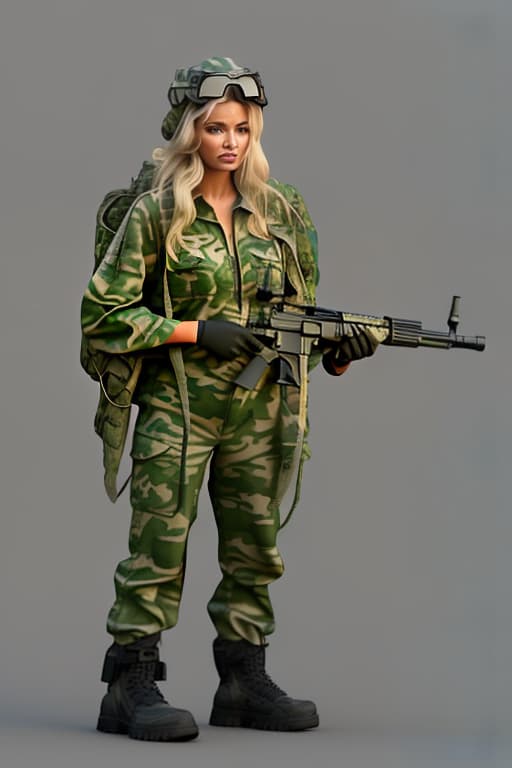  please make detailed render of women in camouflage suit