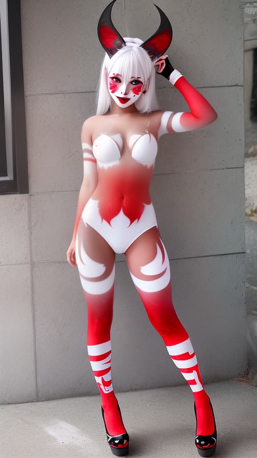  White and red bat pattern body paint in every corner of the body, silver body paint all over the body, Grey face paint on the face, Two succubus, full body image 女性