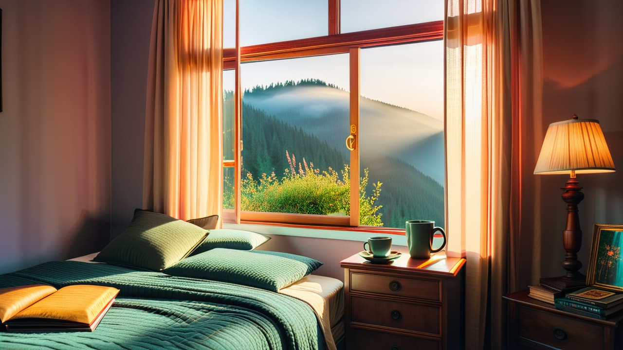  a serene sunrise over a peaceful bedroom, featuring a cozy bed, a journal on a nightstand, a warm cup of tea, and soft morning light streaming through sheer curtains, inspiring a fresh start. hyperrealistic, full body, detailed clothing, highly detailed, cinematic lighting, stunningly beautiful, intricate, sharp focus, f/1. 8, 85mm, (centered image composition), (professionally color graded), ((bright soft diffused light)), volumetric fog, trending on instagram, trending on tumblr, HDR 4K, 8K