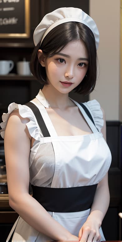  ((masterpiece)), ((best quality)), (ultra detailed), (((coffee shop))), daytime, autumn, a cute girl, 1girl, solo, ((black maid uniform)), ((white maid apron)), beautiful black hair, beautiful black eyes, ((beautiful eyes)), ((short hair)), (((white headband))), light smile, hyperrealistic, full body, detailed clothing, highly detailed, cinematic lighting, stunningly beautiful, intricate, sharp focus, f/1. 8, 85mm, (centered image composition), (professionally color graded), ((bright soft diffused light)), volumetric fog, trending on instagram, trending on tumblr, HDR 4K, 8K