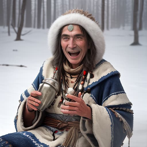  a shaman in winter clothes, from the north, sits in one hand a bottle in the other hand a large tambourine, a face of slavic appearance, laughs, laughs