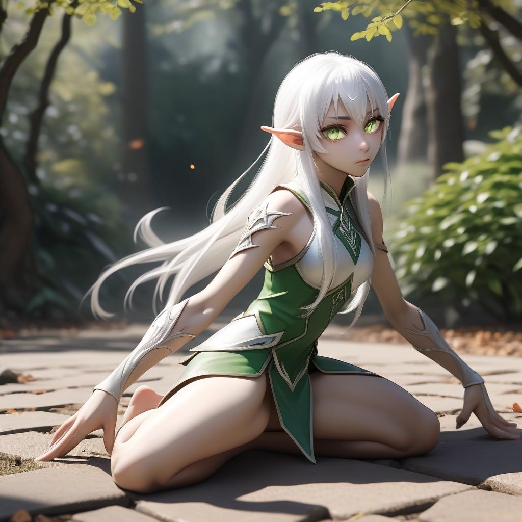  view from the side, 1 (half elf, half demon), falls to the ground, one hand rests on the ground, the second hand is stretched forward (palm open), the body (s) is fully visible++++++ (very high detail) japanese ( + +) (s), white hair (short, hairstyle similar to a carc), hispanic skin color, 2 size, white eyes (glow eyes), slim body, 10 meters from the camera, high detail, relatively far behind the crowd (small) ful (low +) (20 meters), full of green in front)