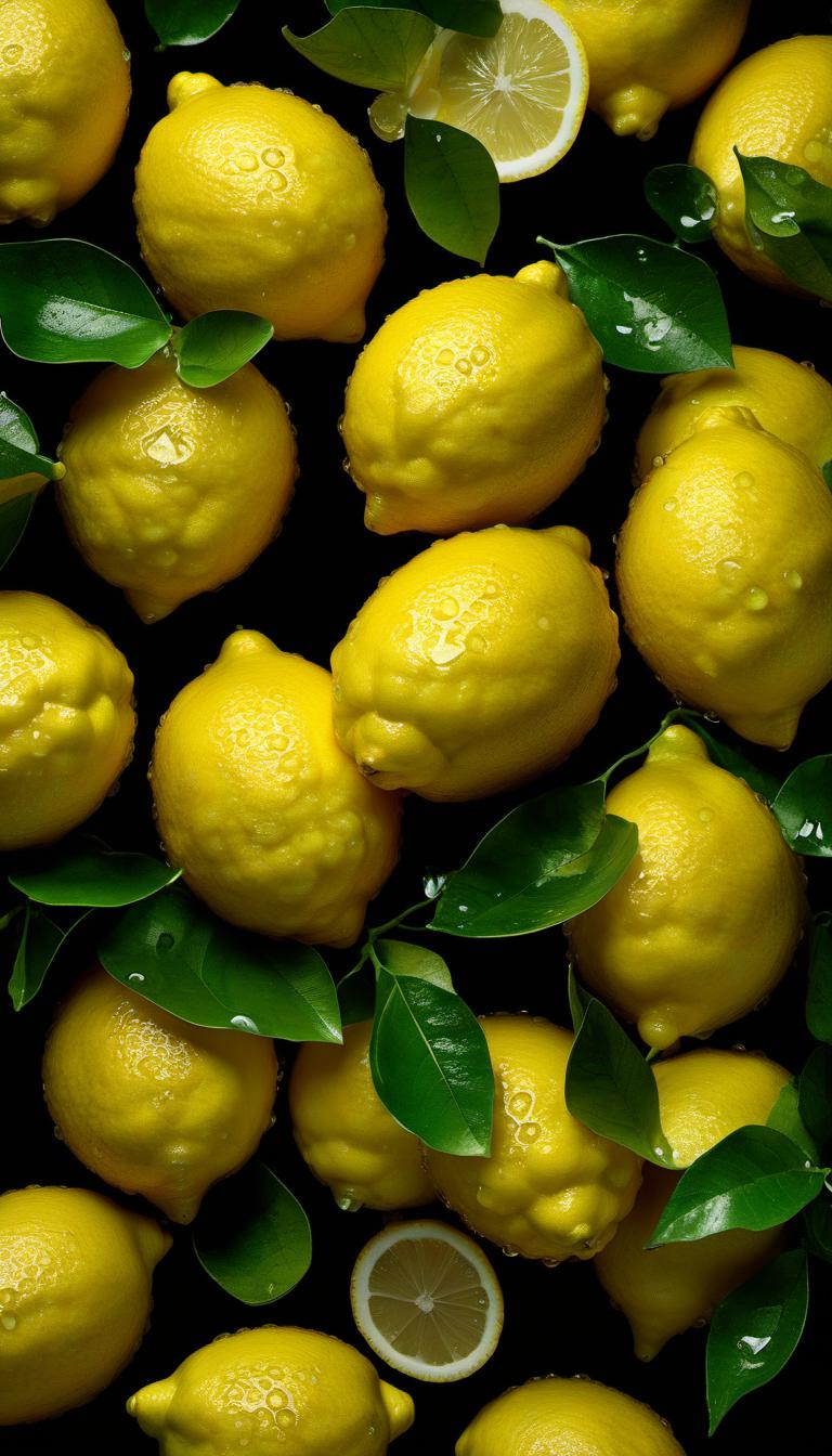  hyperrealistic art juicy yellow lemons with dew drops and green leaves, many, on a black background, shot at a distance of 100 cm, hyperrealistic, professional photo, 5d, realistic, 64k, high resolution, high detail, bright and juicy, bright lighting, aesthetically pleasing, beautiful . extremely high resolution details, photographic, realism pushed to extreme, fine texture, incredibly lifelike