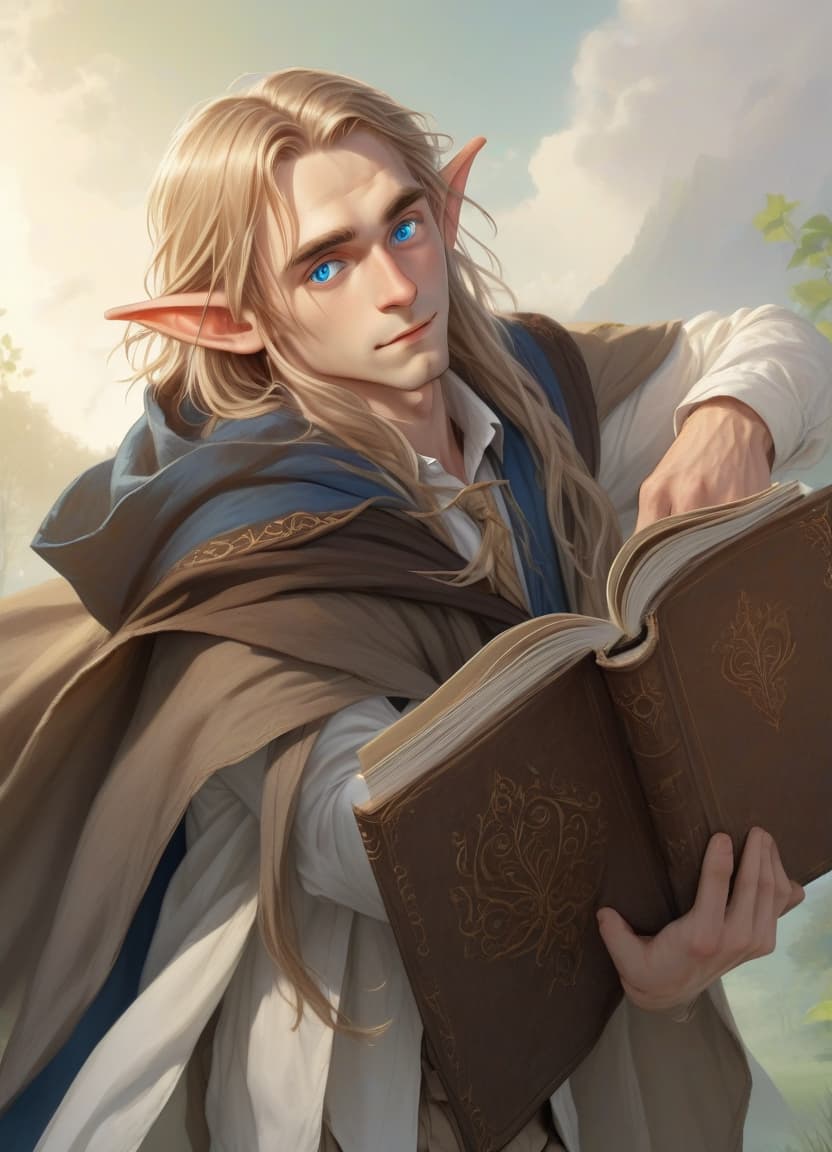  a beautiful young elf with long straw hair and blue eyes, dressed in a white shirt and beige pants, hangs a brown cloak on his shoulders, holds an open book in his hands