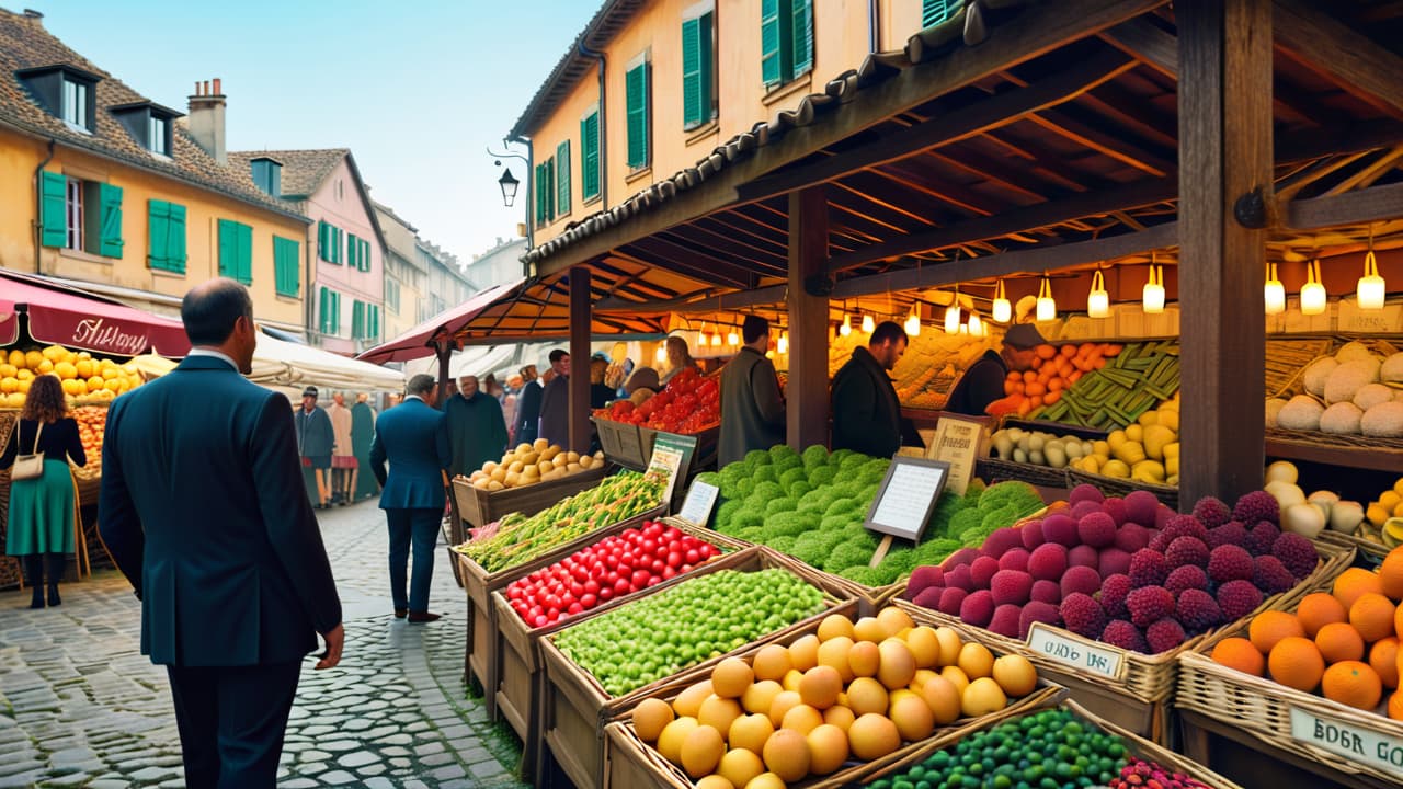  @ image prompt: a picturesque view of a french market in provence, showcasing vibrant fruits, vegetables, and local delicacies, with charming stalls and people engaging in lively conversations, set against a backdrop of rustic architecture and blooming flowers. hyperrealistic, full body, detailed clothing, highly detailed, cinematic lighting, stunningly beautiful, intricate, sharp focus, f/1. 8, 85mm, (centered image composition), (professionally color graded), ((bright soft diffused light)), volumetric fog, trending on instagram, trending on tumblr, HDR 4K, 8K