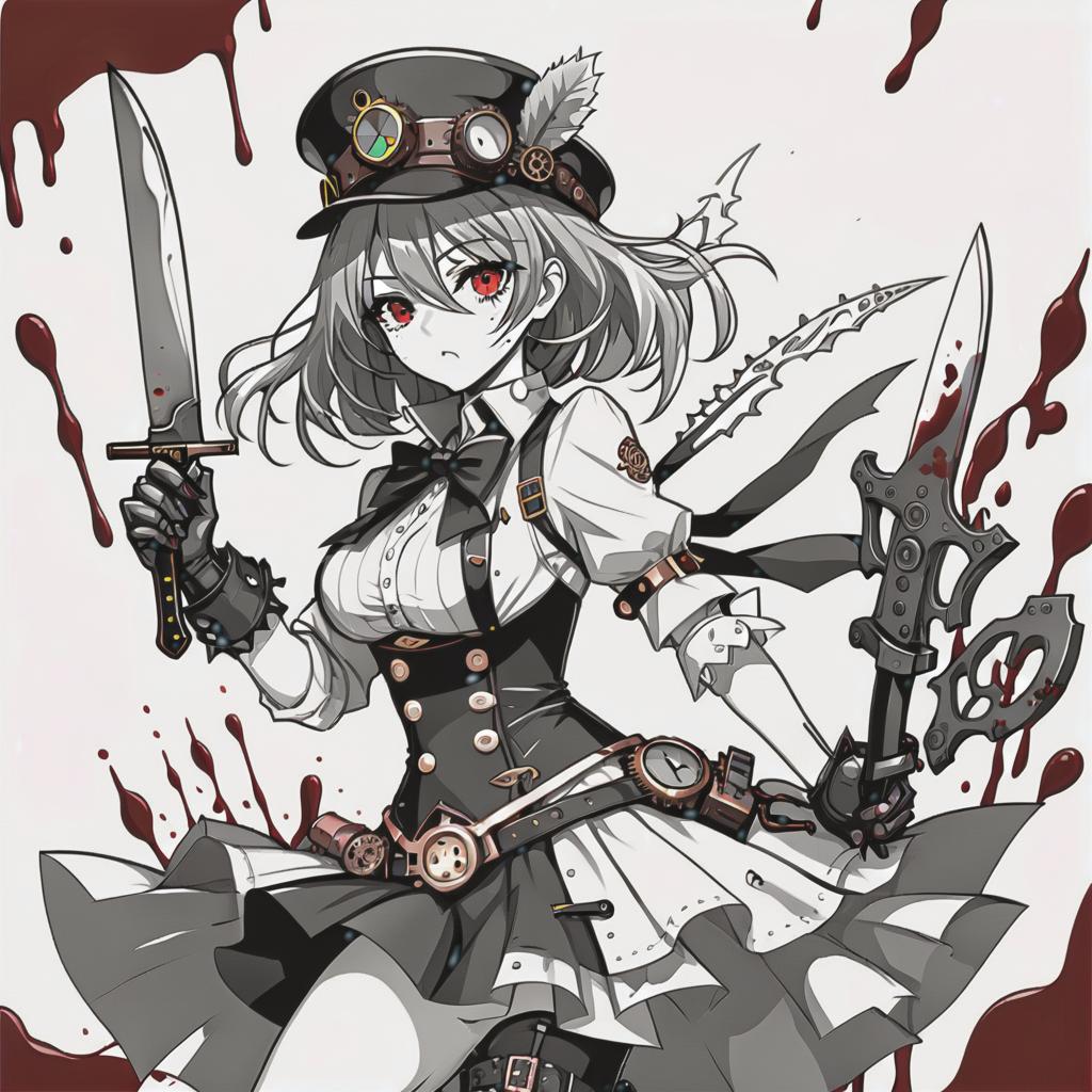  line art drawing steampunk girl with knife, battle pose blood everywhere, same nightmare. anime style . professional, sleek, modern, minimalist, graphic, line art, vector graphics