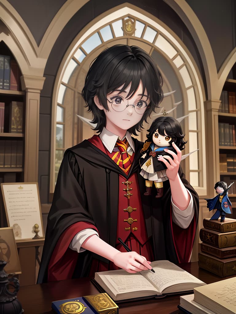  harry potter, griffin doll student, black hair, surviving boy, masterpiece, best quality,8k,ultra detailed,high resolution,an extremely delicate and beautiful,hyper detail