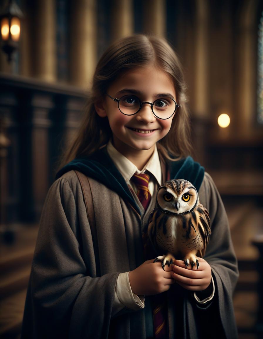  cinematic film still a little student at hogwarts with an owl. smiles. . shallow depth of field, vignette, highly detailed, high budget, bokeh, cinemascope, moody, epic, gorgeous, film grain, grainy