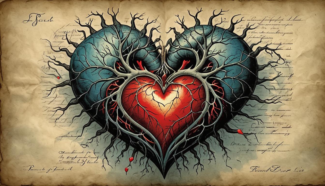  on parchment, surrealism+++, close up of a heart, veins illuminated, electric pulses radiating, name appearing like a spell causing heart to race, juxtaposition of love and pain, vivid visceral energy, intensity build up(mysterious, provocative, symbolic,muted color)+++