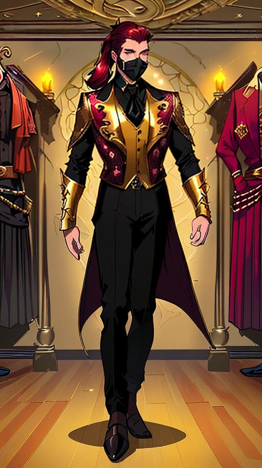  digital art drawing, fantasy atmosphere, character sprite for the game, processing in the style of the romance club game. a young man in a venetian carnival mask on the floor of his face. the mask is decorated with feathers. the man's maroon hair is tied in a low ponytail with a black ribbon. the man is dressed in a black shirt and trousers, with a burgundy jacket with gold patterns on his shoulders, character, full body, concept design, sheet, ultra wide view, ultra detailed