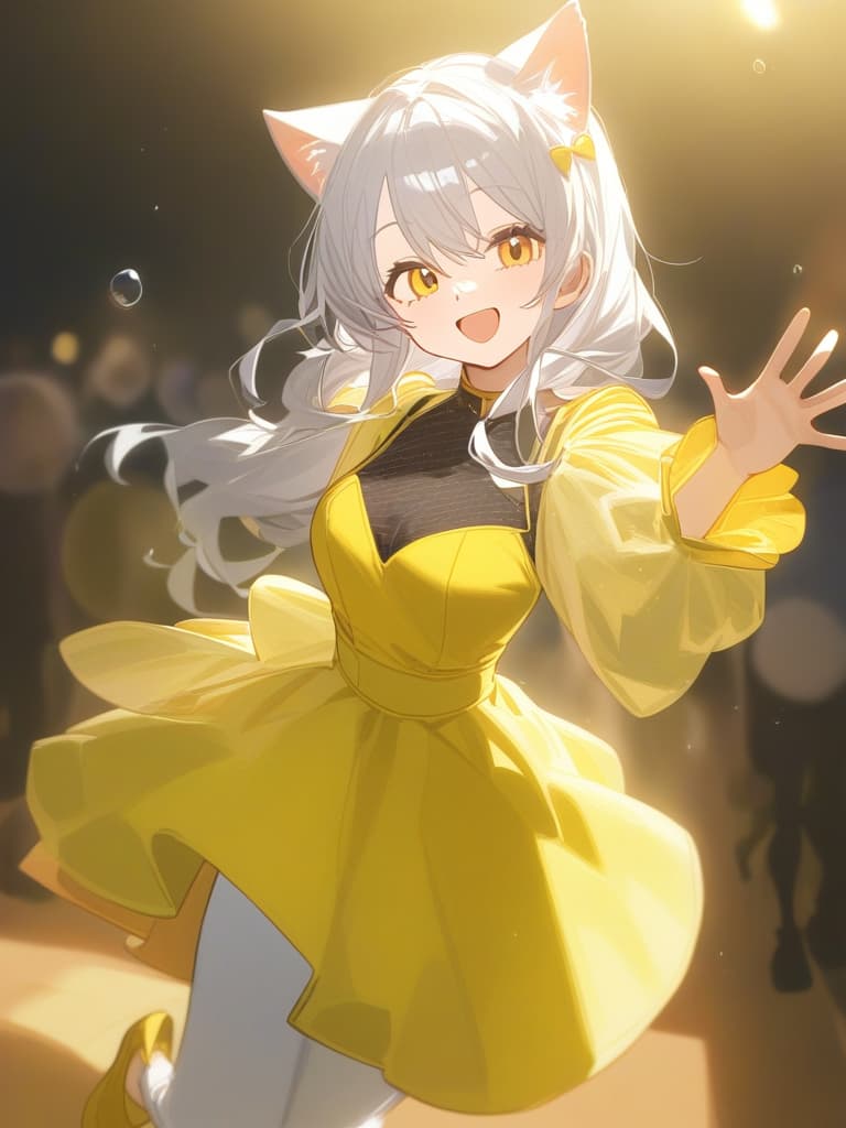  cat eared girl,long silver hair,black bubbles clothes,yellow shoes,smiling naughtily,waving