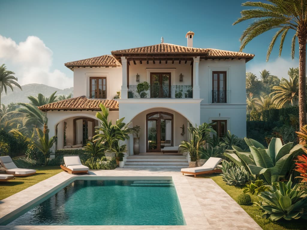  beautiful contemporary mediterranean villa with tropical garden and pool hyperrealistic, full body, detailed clothing, highly detailed, cinematic lighting, stunningly beautiful, intricate, sharp focus, f/1. 8, 85mm, (centered image composition), (professionally color graded), ((bright soft diffused light)), volumetric fog, trending on instagram, trending on tumblr, HDR 4K, 8K