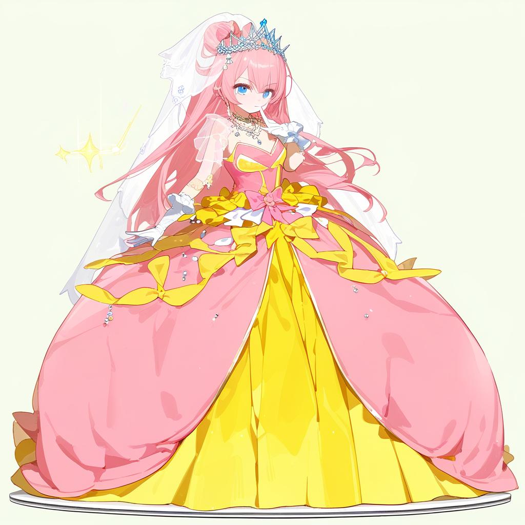  yellow, pink and blue big poofy princess dress, ball gown, frills, ruffles, bows, idol dress, magical style, long white opera gloves, long yellow opera gloves, giant s, sparkly tiara, fancy necklace, long white veil, shining intense blue eyes, very long ankle length bright pink hair with long bangs . best quality, high resolution