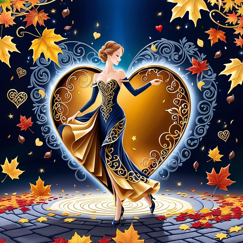  luxury product style on a carpet of yellow leaves in a simple dress of wind given crepe autumn danced a waltz boston in an alleyway. the warm day flew away and the saxophone sang hoarsely. (background of the card): falling autumn leaves, a whirlwind of autumn leaves, wind saxophone, ((a box of chocolates, the inscription "autumn waltz")) , a greeting card. (heart), a beautiful figure made of contours in the shape of a heart. (heart colour): night sky background, stars, gold pattern. (style):fantasy, autumn art, autumn romance. (colours):gold, green gold, navy blue, red, red gold, brown gold, silver, golden blue, bluish blue, dark blue on gold . elegant, sophisticated, high end, luxurious, professional, highly detailed