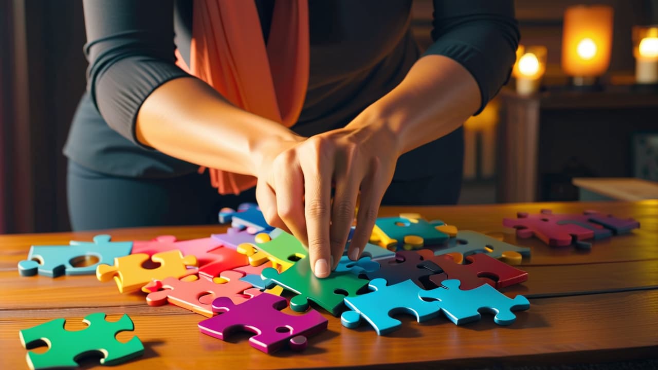  a cozy room filled with colorful jigsaw puzzle pieces scattered across a wooden table, a focused individual assembling a complex challenge, soft lighting casting warm shadows, and a framed puzzle masterpiece on the wall. hyperrealistic, full body, detailed clothing, highly detailed, cinematic lighting, stunningly beautiful, intricate, sharp focus, f/1. 8, 85mm, (centered image composition), (professionally color graded), ((bright soft diffused light)), volumetric fog, trending on instagram, trending on tumblr, HDR 4K, 8K